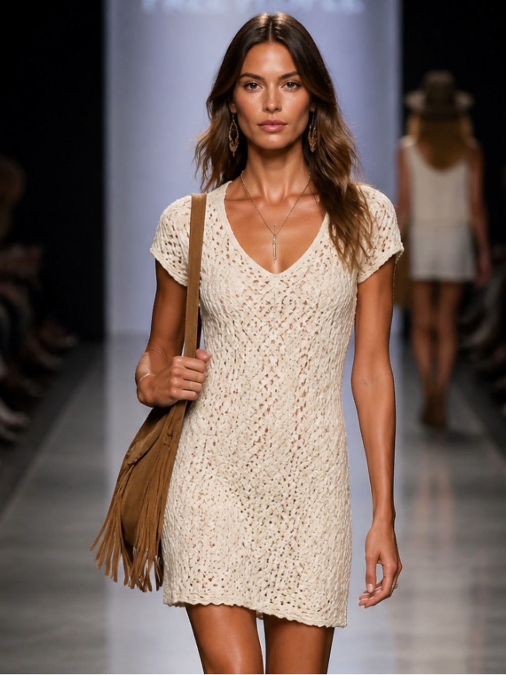 FREE PEOPLE Lace Dress Boho Back V Neckline Sexy Ivory Lace Crocheted Medium